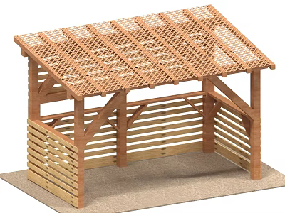 Rustic Wooden Garden Pavilion With Lattice Roof And Vertical Slat Sides 3d model