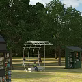 Modern Outdoor Metal Arched Structure With Stone Bench Grass And Trees