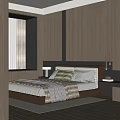 Modern Bedroom Interior With Wooden Walls Bedside Lamps Decorative Pillows And Soft Rug
