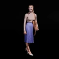 A Woman Wearing Beige Top And Purple Pleated Skirt Carrying Brown Bag Against Black Background