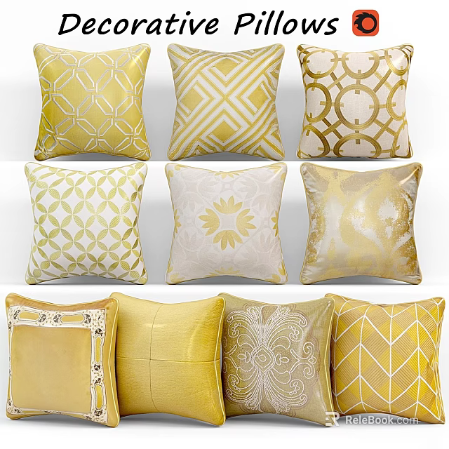 Gold Yellow Decorative Throw Pillows With Geometric Patterns And Floral Designs 3d model 