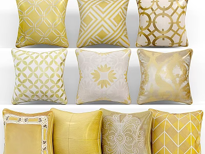 Gold Yellow Decorative Throw Pillows With Geometric Patterns And Floral Designs 3d model