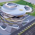 Modern Circular Architectural Building With Contemporary Design Green Grass Urban Road And Open Space