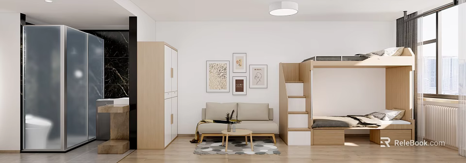 Modern Apartment Interior Design With Beige Sofa Wooden Cabinet Decorative Paintings And Cozy Bunk Bed 3d model 