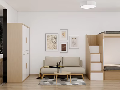 Modern Apartment Interior Design With Beige Sofa Wooden Cabinet Decorative Paintings And Cozy Bunk Bed 3d model