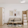 Modern Apartment Interior Design With Beige Sofa Wooden Cabinet Decorative Paintings And Cozy Bunk Bed