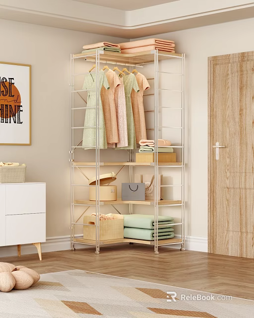 Functional Open Storage Shelf Interior with Hanging Clothes Folded Towels Baskets and Framed Art 3d model 
