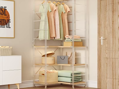 Functional Open Storage Shelf Interior with Hanging Clothes Folded Towels Baskets and Framed Art 3d model