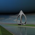 Modern Unique Shaped Bridge Over River With Green Grass And City Skyline