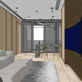 Modern Restaurant Interior With Long Dining Table Chairs Bookshelves And Circular Pendant Lights