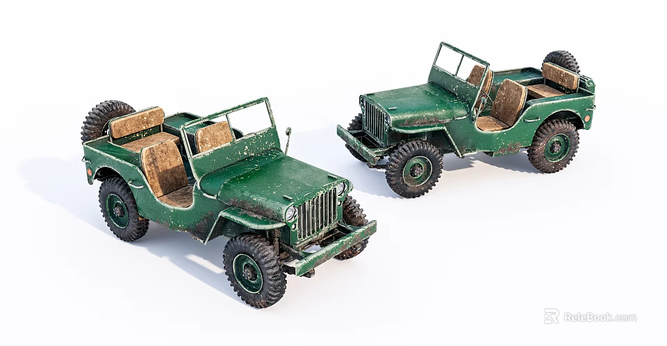 Two Green Vintage Jeep Models With Open Top And Classic Tires 3d model 