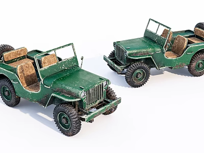 Two Green Vintage Jeep Models With Open Top And Classic Tires 3d model