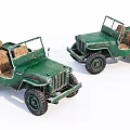 Two Green Vintage Jeep Models With Open Top And Classic Tires