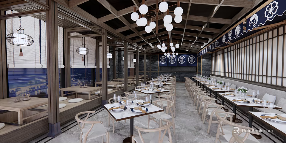 Traditional Chinese Restaurant Interior With Wooden Beams Hanging Lights And Neat Dining Tables Chairs 3d model 
