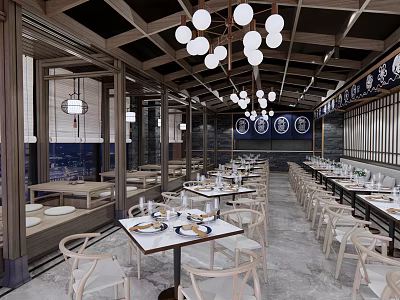 Traditional Chinese Restaurant Interior With Wooden Beams Hanging Lights And Neat Dining Tables Chairs 3d model