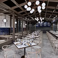 Traditional Chinese Restaurant Interior With Wooden Beams Hanging Lights And Neat Dining Tables Chairs
