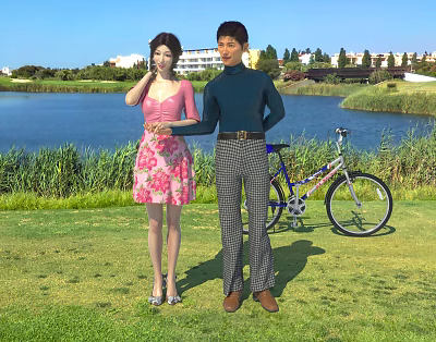 Two People Standing on Green Grass Near Lake with Bicycle and Scenic Background 3d model