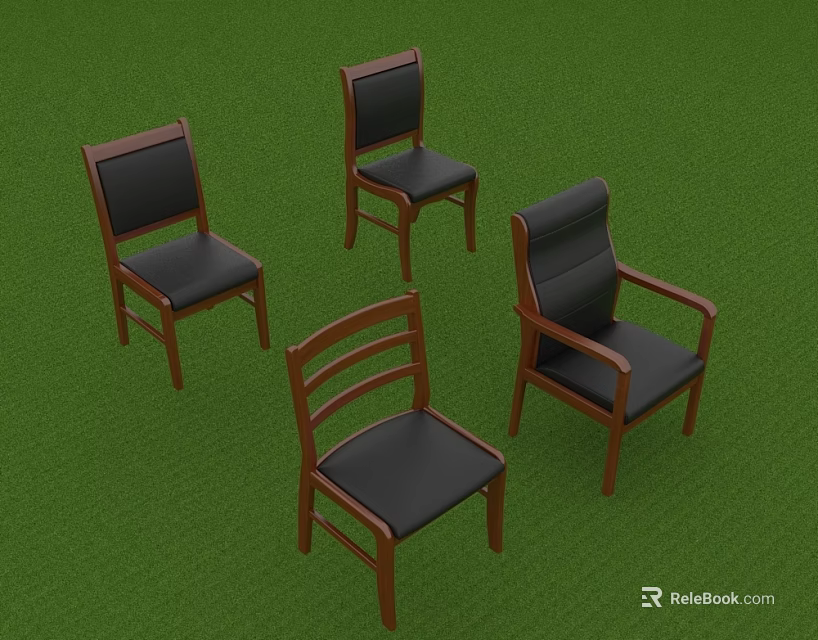 Set of Four Office Chairs with Wooden Frames and Black Cushioned Seats 3d model 