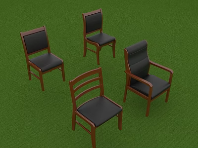 Set of Four Office Chairs with Wooden Frames and Black Cushioned Seats 3d model