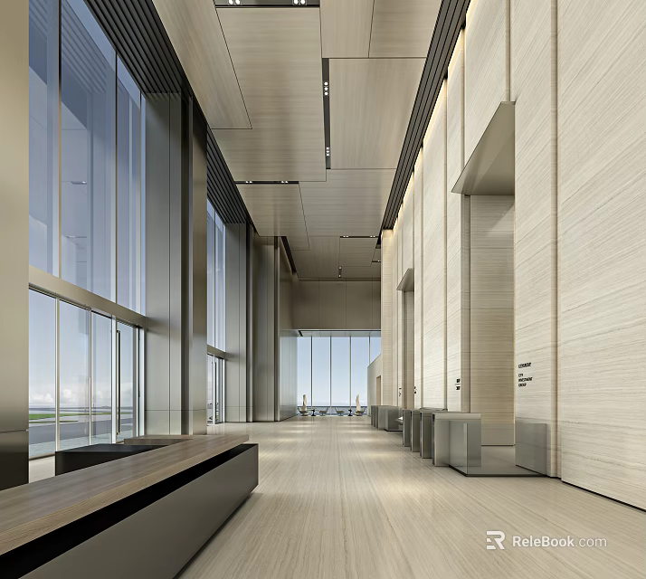 Modern Front Desk Reception Area With Spacious Lobby And Elegant Lighting Design 3d model