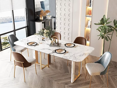 Dining Table Set With Marble Top Brown Gray Blue Chairs Golden Legs And Window View 3d model