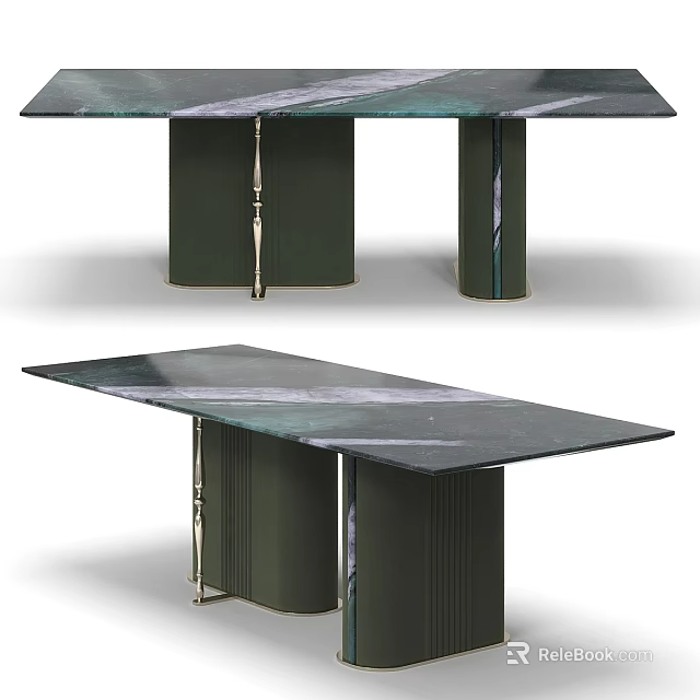Modern Green Marble Dining Table With Pedestal Legs And Metal Accents 3d model 