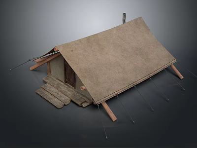 Ancient Tent Structure With Brown Roof Wooden Door Steps Support Poles And Ropes 3d model