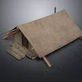Ancient Tent Structure With Brown Roof Wooden Door Steps Support Poles And Ropes