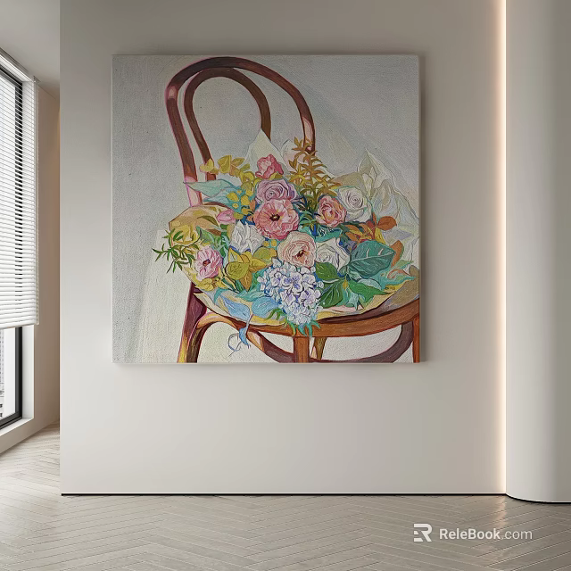 Abstract Painting Of Chair With Colorful Flower Bouquet For Contemporary Interior Wall Art 3d model 