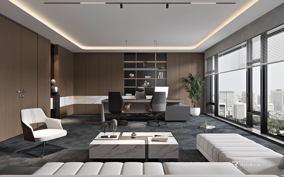 Modern Office Interior Design With Open Layout Large Windows Sofa And Green Plants 3d model