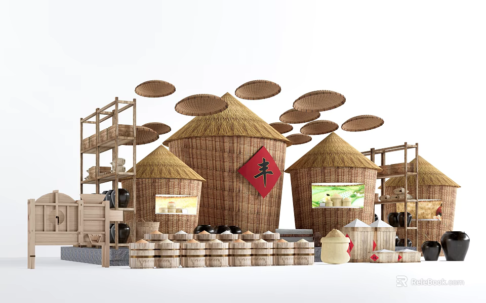 Traditional Farm Scene With Straw Roofed Huts Character For Abundance Bamboo Baskets And Grain Storage 3d model 