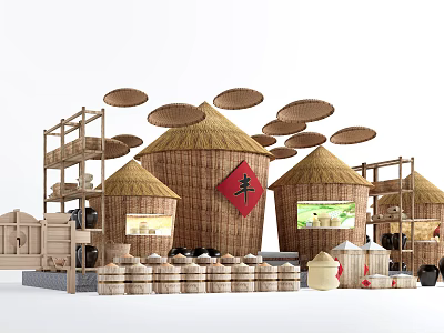 Traditional Farm Scene With Straw Roofed Huts Character For Abundance Bamboo Baskets And Grain Storage 3d model