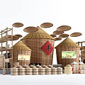 Traditional Farm Scene With Straw Roofed Huts Character For Abundance Bamboo Baskets And Grain Storage