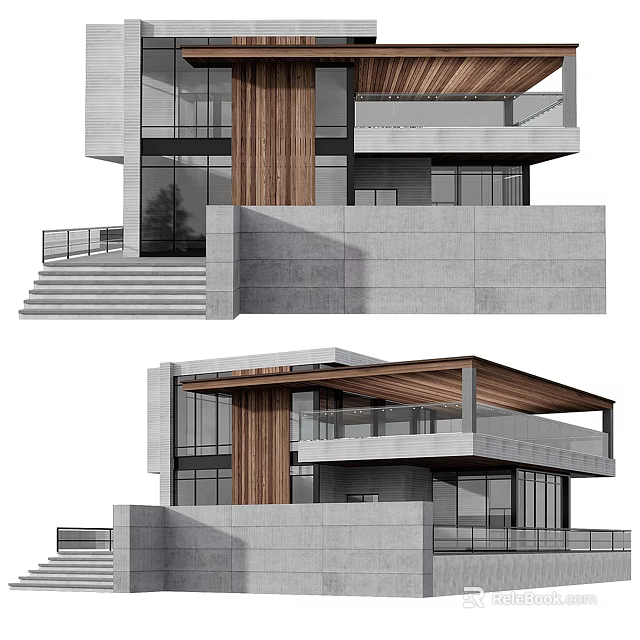 Modern Detached Villa Exterior With Large Glass Windows Wooden Accents And Concrete Structure 3d model 