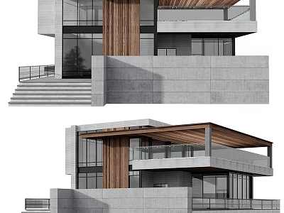 Modern Detached Villa Exterior With Large Glass Windows Wooden Accents And Concrete Structure 3d model