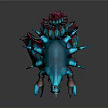 Blue Horned Mythical Animal Standing On Textured Glowing Structure With Small Blue Fragments Around