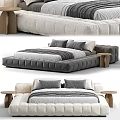 Gray and Beige Double Bed with Padded Frame Striped Bedding Pillows and Wooden Side Table