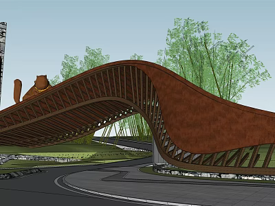 Modern Curved Wooden Entrance Gate Surrounded By Bamboo Trees And Natural Landscape 3d model