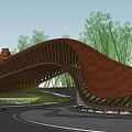Modern Curved Wooden Entrance Gate Surrounded By Bamboo Trees And Natural Landscape