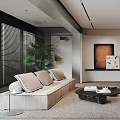 Modern Living And Dining Room Interior With Beige Sofa Black Coffee Table And Dining Chairs
