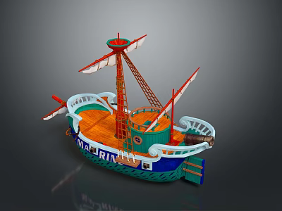 Decorative Marina Model Ship With Colorful Sails Mast And Orange Wooden Deck 3d model