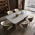 Modern Dining Table Set With Marble Top White Curved Back Chairs And Metal Legs