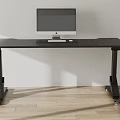 Black Entertainment Desk With Adjustable Stand Computer Monitor And Keyboard On Wooden Floor