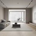 Minimalist Modern Living Room Interior With Gray Sofa Coffee Table Floor-to-Ceiling Window And Wooden Flooring