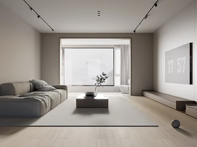 Minimalist Modern Living Room Interior With Gray Sofa Coffee Table Floor-to-Ceiling Window And Wooden Flooring 3d model