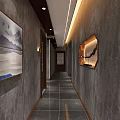 Traditional Chinese Elevator Hallway With Wooden Ceiling Lanterns Side Doors And Dark Floor Tiles