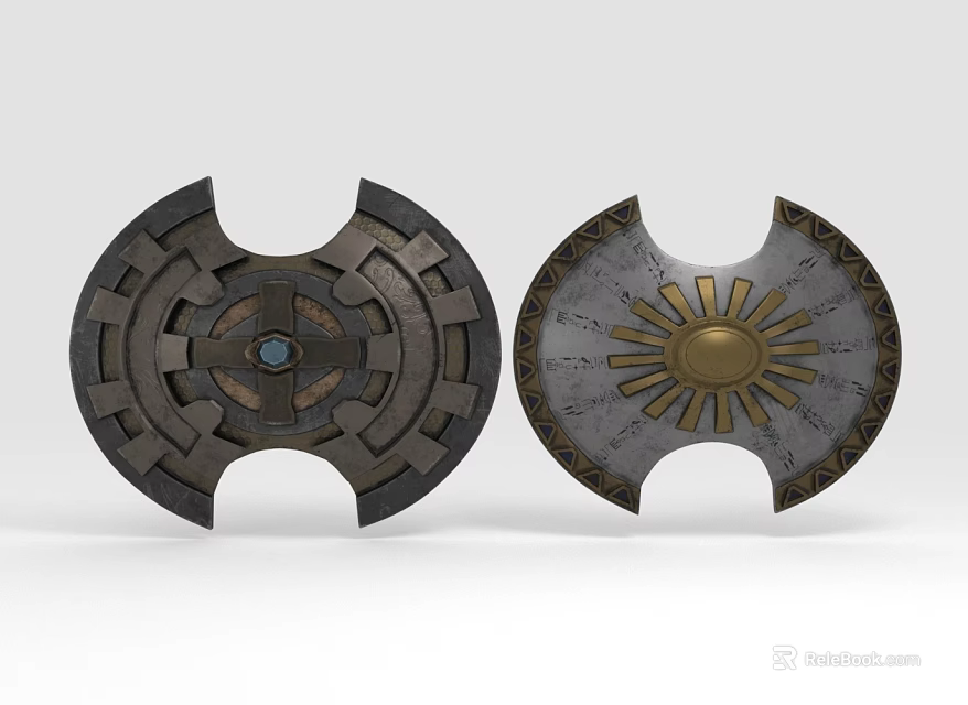 Decorative Shields With Geometric Pattern Blue Center And Sun Design Ornate Edges 3d model 