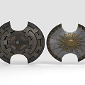 Decorative Shields With Geometric Pattern Blue Center And Sun Design Ornate Edges