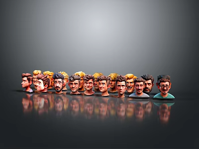 Cartoon Character Heads With Different Hairstyles And Facial Features Arranged In Row With Reflections 3d model