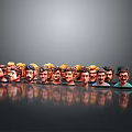 Cartoon Character Heads With Different Hairstyles And Facial Features Arranged In Row With Reflections